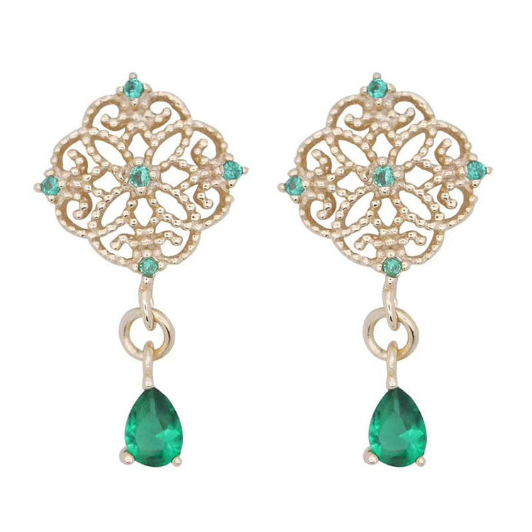 Silver Plated Emerald Stud Earrings Chinese Vintage Lace-Jewearrings