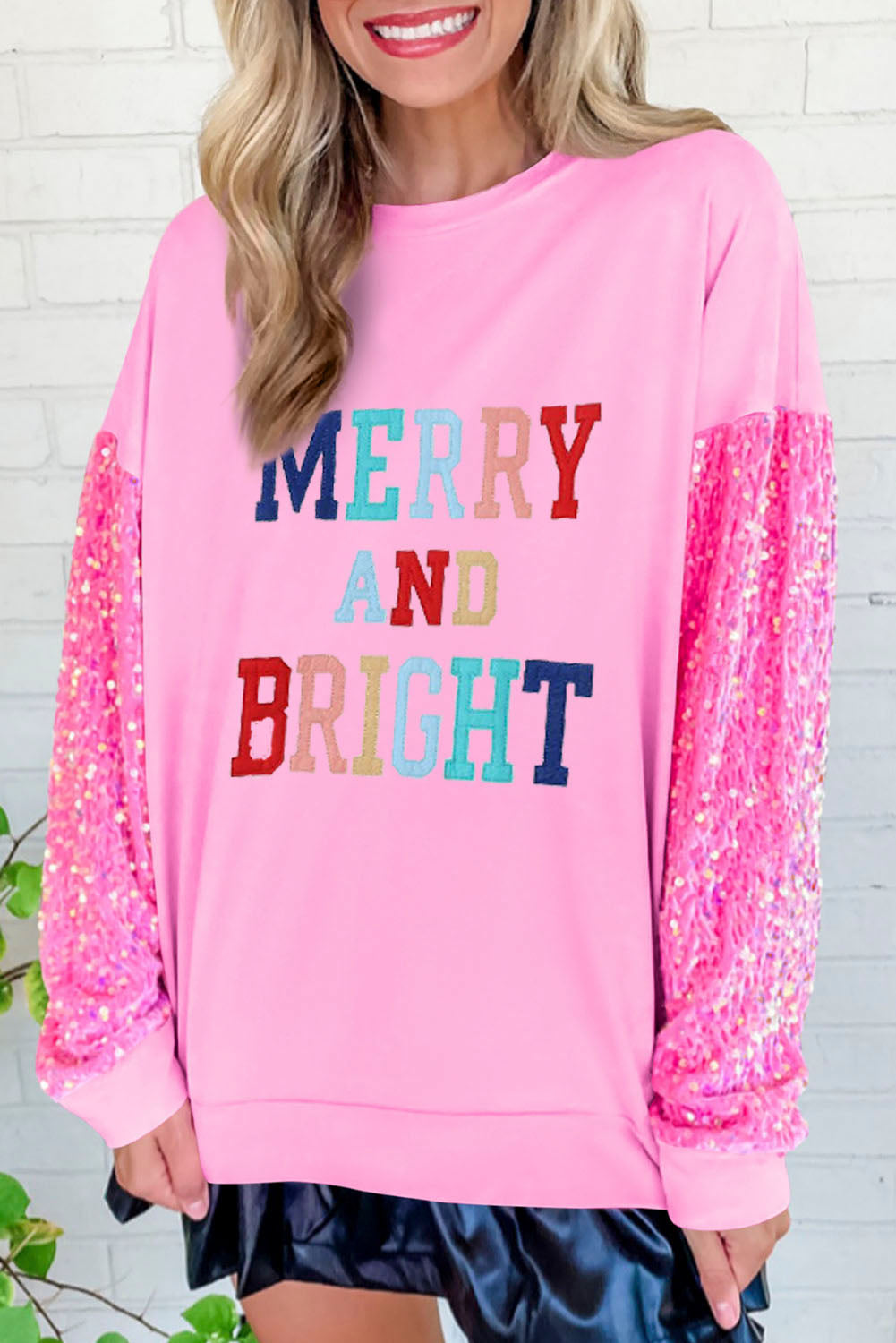 MERRY AND BRIGHT Sequin Long Sleeve Sweatshirt-Jewearrings