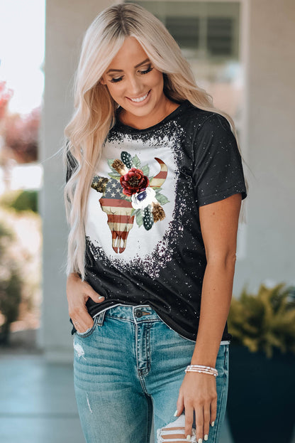 US Flag Bull Graphic Round Neck Tee-Jewearrings