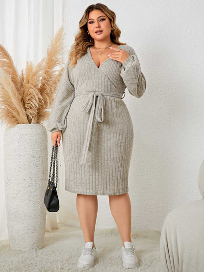 Plus Size Tie Waist Wrap Dress-Jewearrings