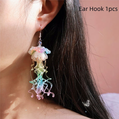 Rainbow Jellyfish Exaggerated Long Ear Clip Earrings-Jewearrings