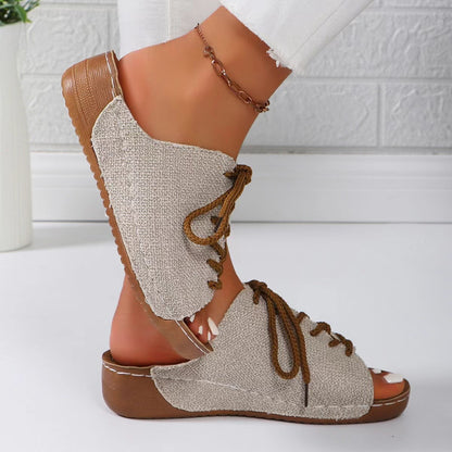 Lace-Up Open Toe Wedge Sandals-Jewearrings