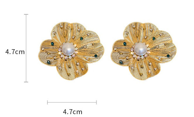 Silver Needle European And American Vintage Pearl Zircon Crystal Petal Earrings-Jewearrings