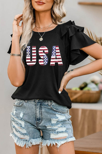 USA Round Neck Flounce Sleeve Top-Jewearrings