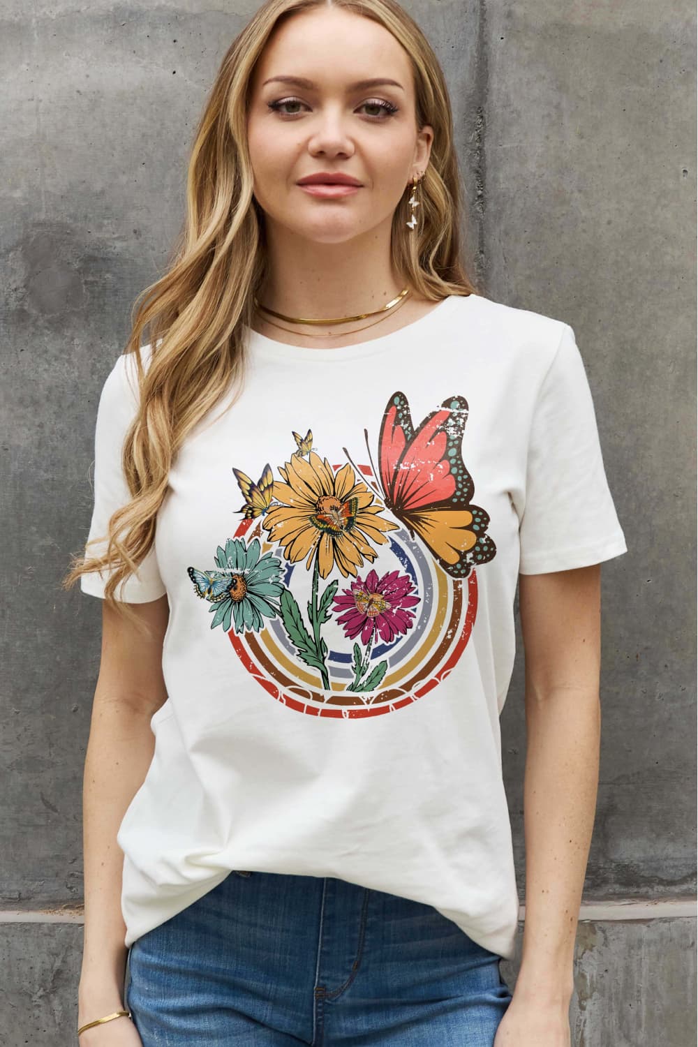 Simply Love Simply Love Full Size Flower & Butterfly Graphic Cotton Tee-Jewearrings