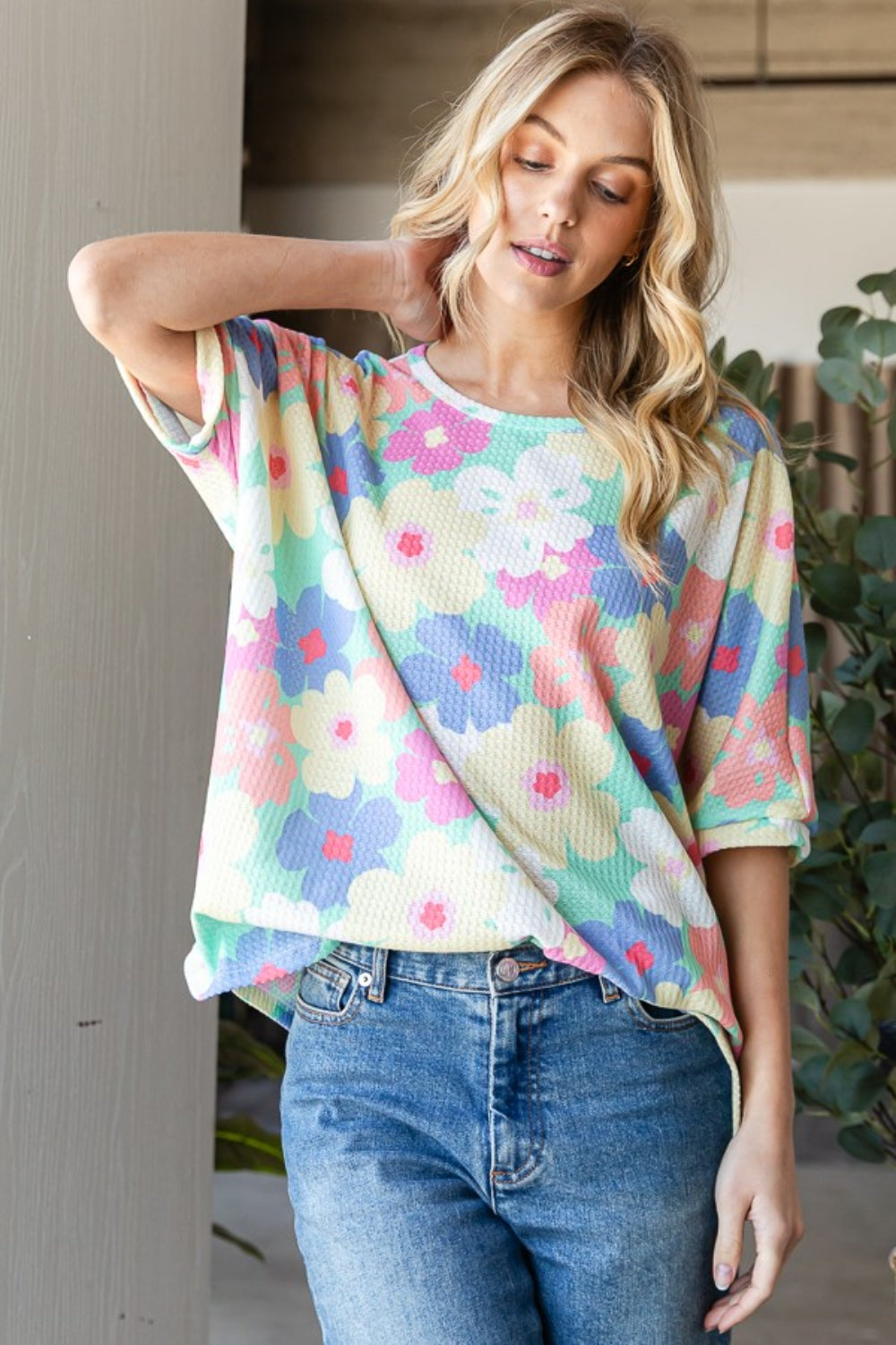 HOPELY Floral Waffle Oversized T-Shirt-Jewearrings