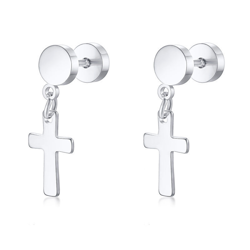 Stainless Steel Men's Trend Cross Dumbbell Earrings-Jewearrings