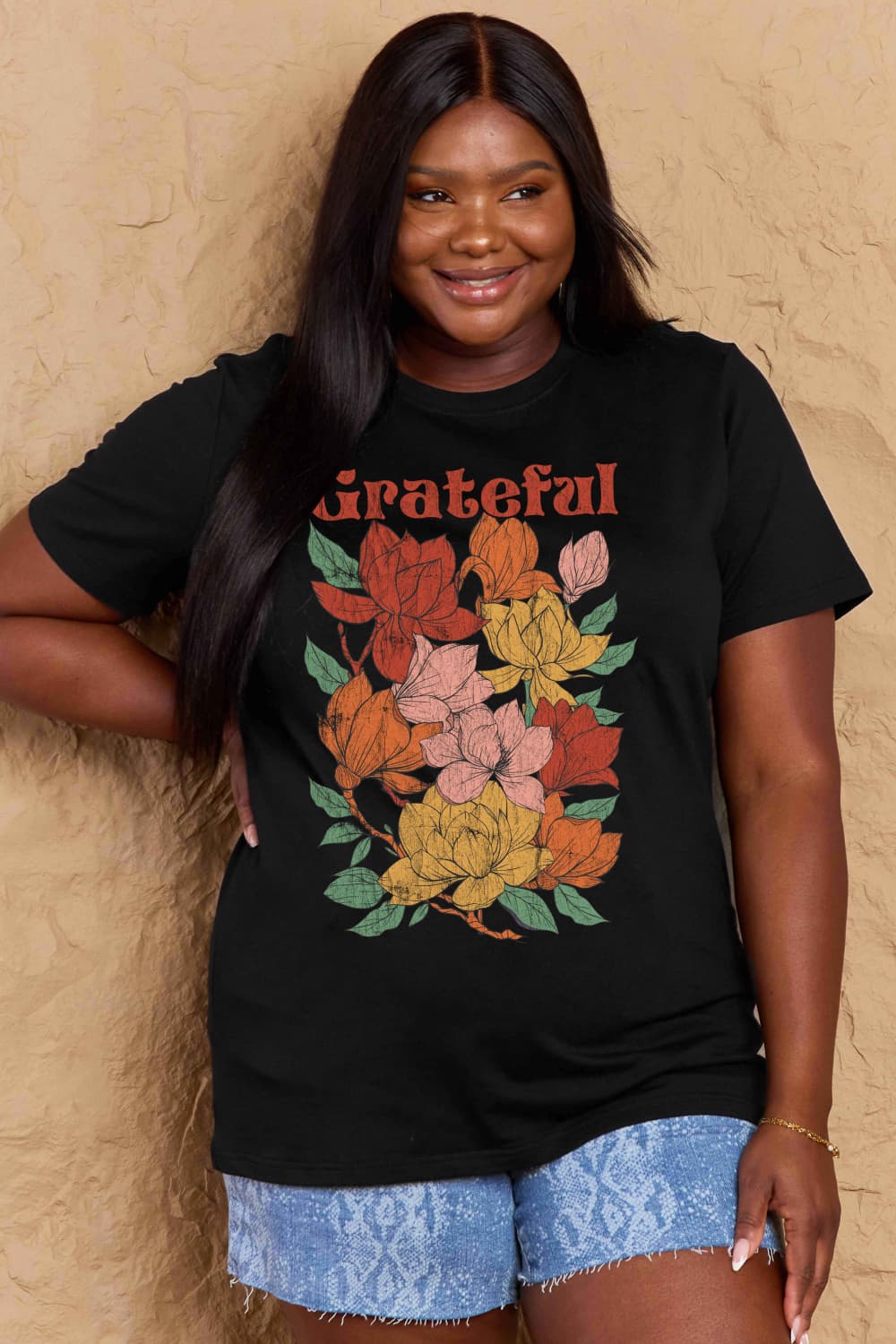 Simply Love Full Size GRATEFUL Flower Graphic Cotton T-Shirt-Jewearrings