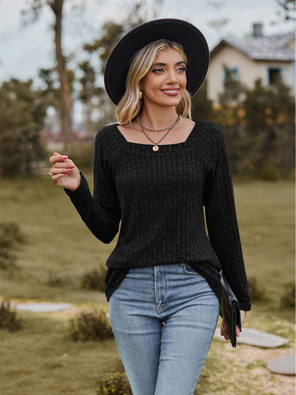 Full Size Ribbed Square Neck Long Sleeve T-Shirt-Jewearrings