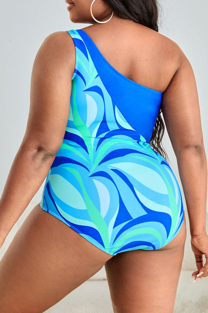 Plus Size Printed Ring Detail One-Shoulder One-Piece Swimsuit-Jewearrings