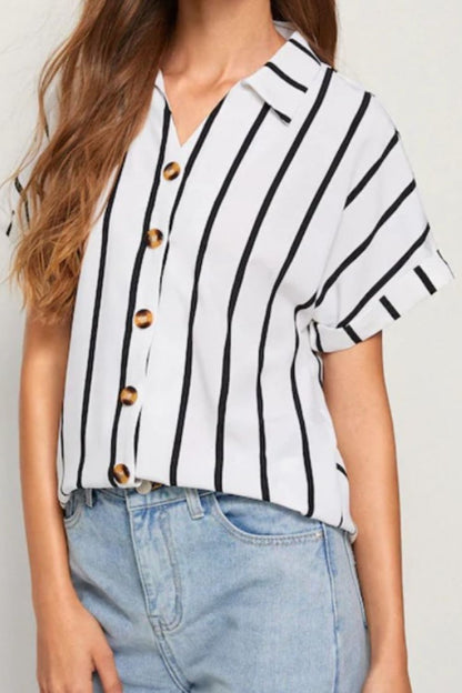 Striped Button Up Short Sleeve Shirt-Jewearrings