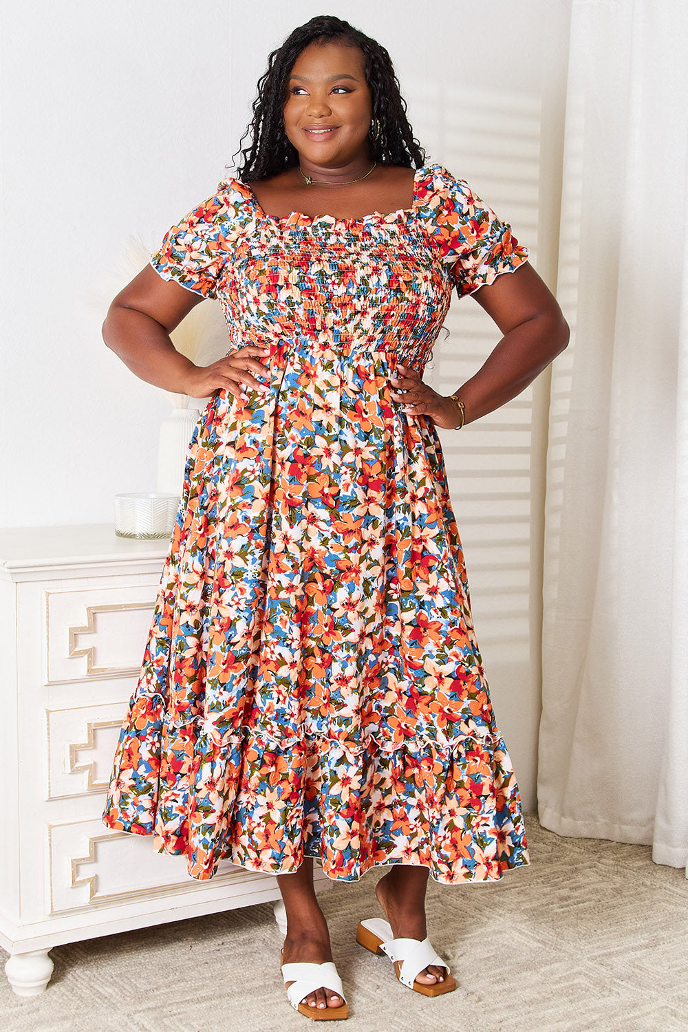 Plus Size Floral Smocked Square Neck Dress-Jewearrings