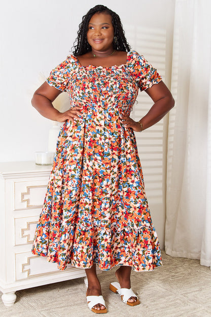 Plus Size Floral Smocked Square Neck Dress-Jewearrings