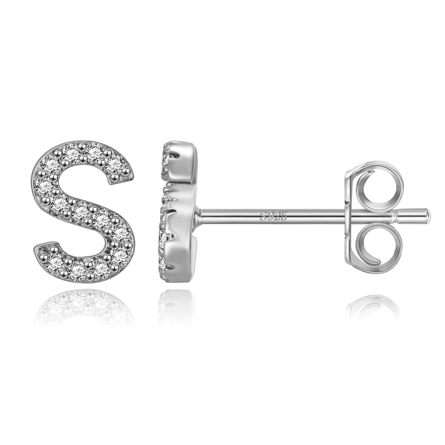 Simple Rhinestone Silver Needle English Alphabet Letter Earrings-Jewearrings