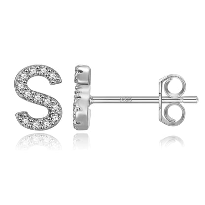 Simple Rhinestone Silver Needle English Alphabet Letter Earrings-Jewearrings