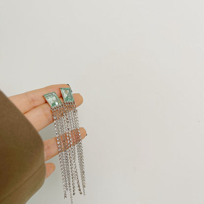 Design Tassel Mint Green Square Rhinestone Silver Pin Earrings-Jewearrings