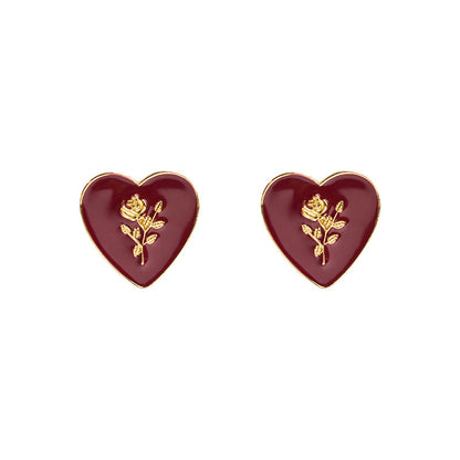 Silver Needle Retro Red Peach Heart Stud Earrings New-Jewearrings