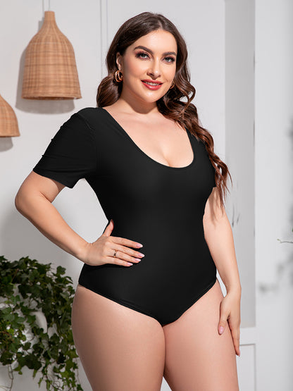 Plus Size Scoop Neck Short Sleeve One-Piece Swimsuit-Jewearrings