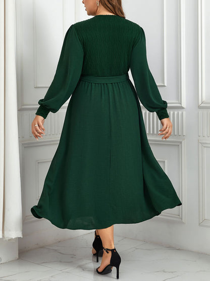 Plus Size Surplice Neck Tie Waist Long Sleeve Midi Dress-Jewearrings