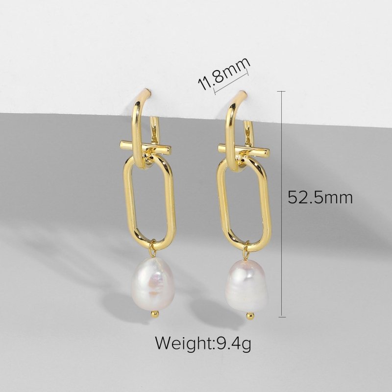 Baroque Freshwater Pearl Earrings Unique Brass Chain Pendant-Jewearrings