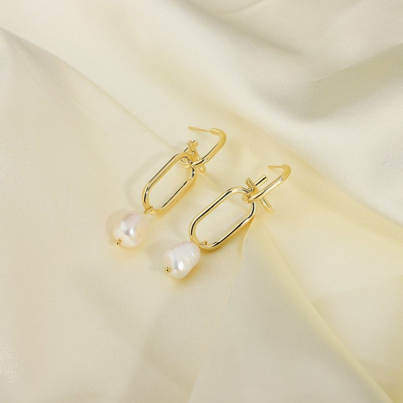 Baroque Freshwater Pearl Earrings Unique Brass Chain Pendant-Jewearrings