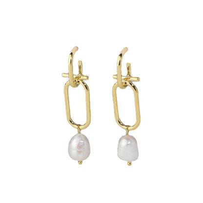 Baroque Freshwater Pearl Earrings Unique Brass Chain Pendant-Jewearrings