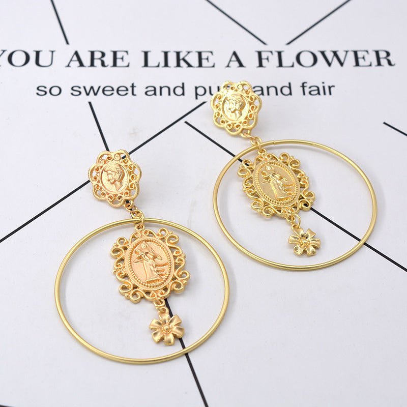 Baroque Head Coin Hoop Earrings Exaggerated-Jewearrings