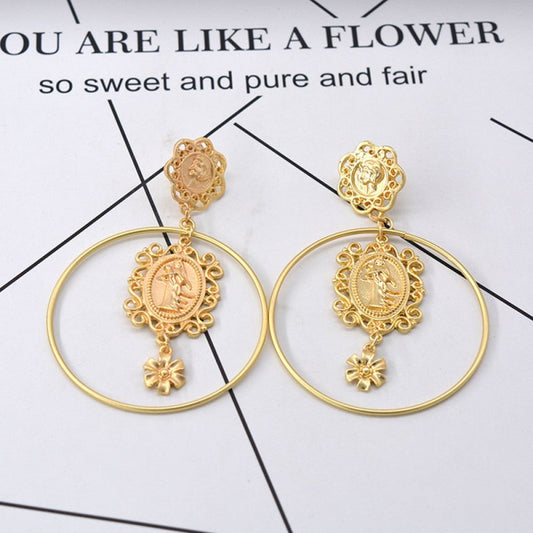 Baroque Head Coin Hoop Earrings Exaggerated-Jewearrings