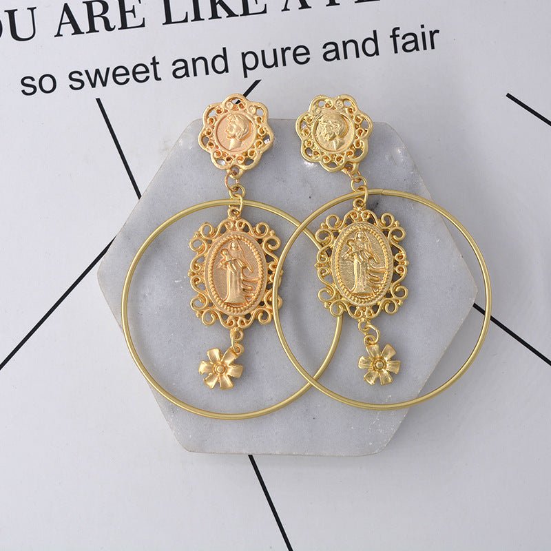 Baroque Head Coin Hoop Earrings Exaggerated-Jewearrings