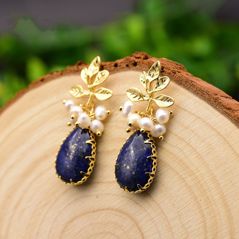 Baroque pearl lapis lazuli branch earrings-Jewearrings