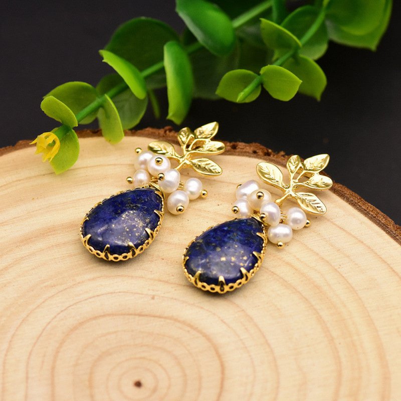 Baroque pearl lapis lazuli branch earrings-Jewearrings