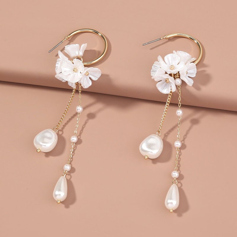 Baroque Pearl Women's Earrings Tassel Long Artistic C- Shaped Ear Hook Earrings-Jewearrings