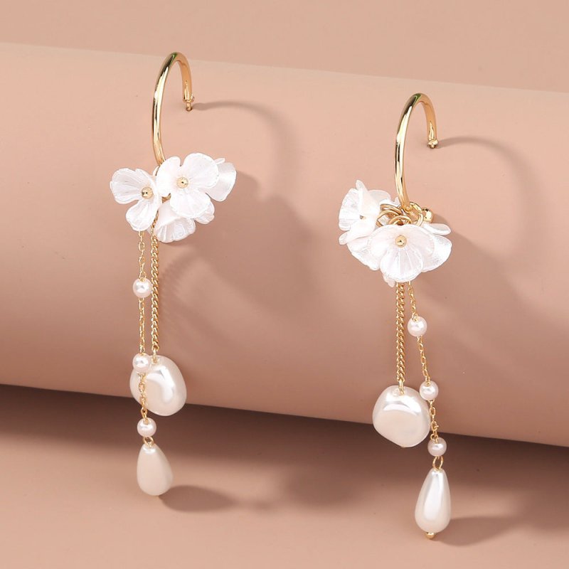 Baroque Pearl Women's Earrings Tassel Long Artistic C- Shaped Ear Hook Earrings-Jewearrings