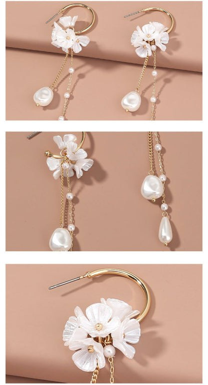 Baroque Pearl Women's Earrings Tassel Long Artistic C- Shaped Ear Hook Earrings-Jewearrings