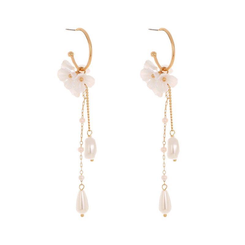 Baroque Pearl Women's Earrings Tassel Long Artistic C- Shaped Ear Hook Earrings-Jewearrings