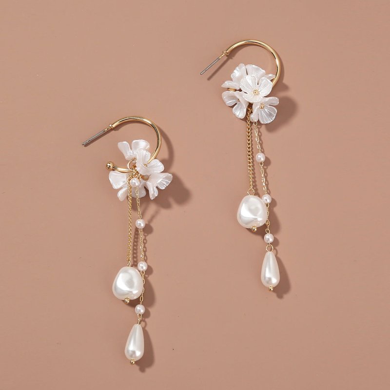 Baroque Pearl Women's Earrings Tassel Long Artistic C- Shaped Ear Hook Earrings-Jewearrings