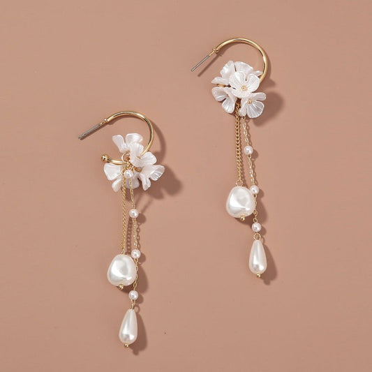 Baroque Pearl Women's Earrings Tassel Long Artistic C- Shaped Ear Hook Earrings-Jewearrings