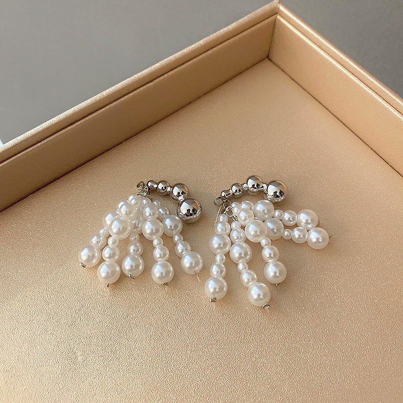 Baroque Size Pearl Tassel Earrings With Silver Needle-Jewearrings