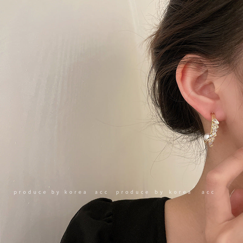 Silver Needle Zircon Pearl C-shaped Earrings Korean Simple-Jewearrings