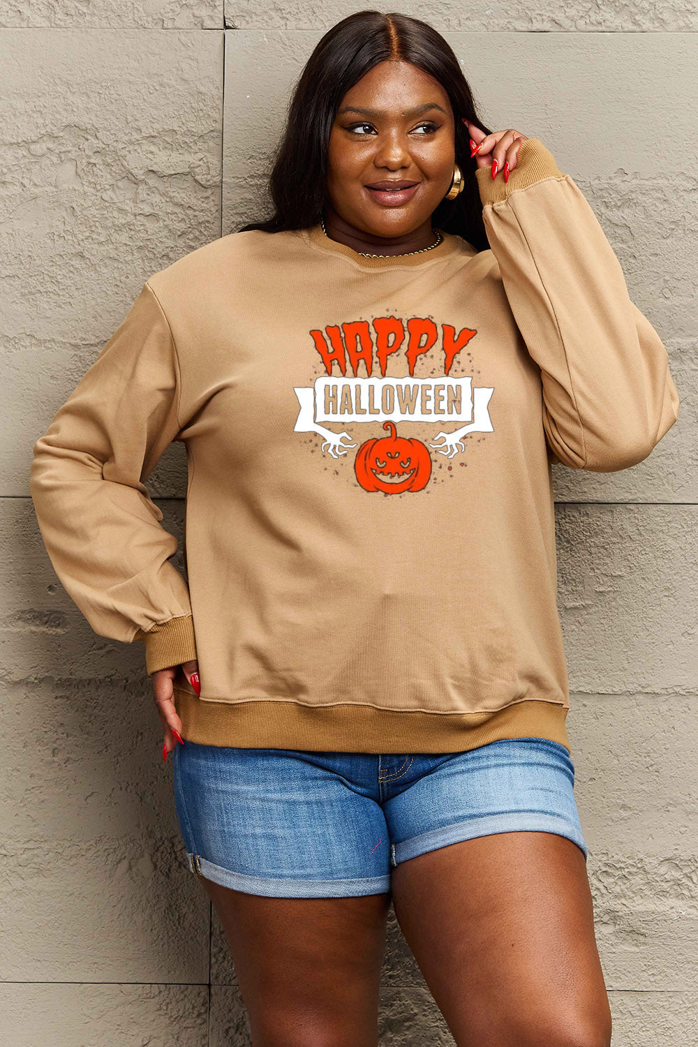 Simply Love Full Size HAPPY HALLOWEEN Graphic Sweatshirt-Jewearrings