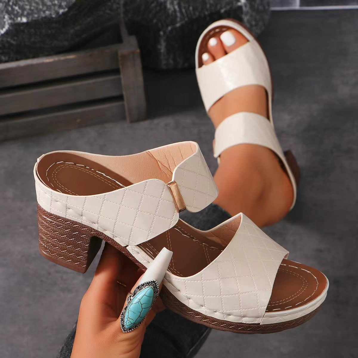 PU Leather Block Heel Sandals-Jewearrings