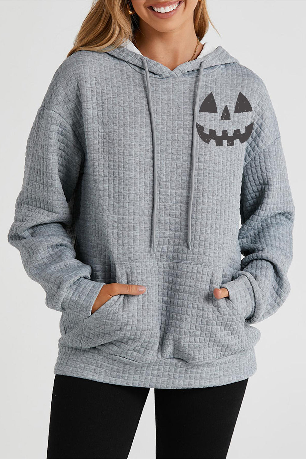 Pumpkin Face Graphic Drawstring Hoodie with Pocket-Jewearrings