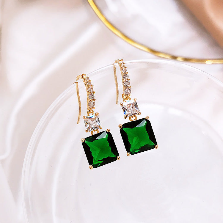 Simple Emerald Square Gemstone Elegant Atmosphere Retro Earrings-Jewearrings