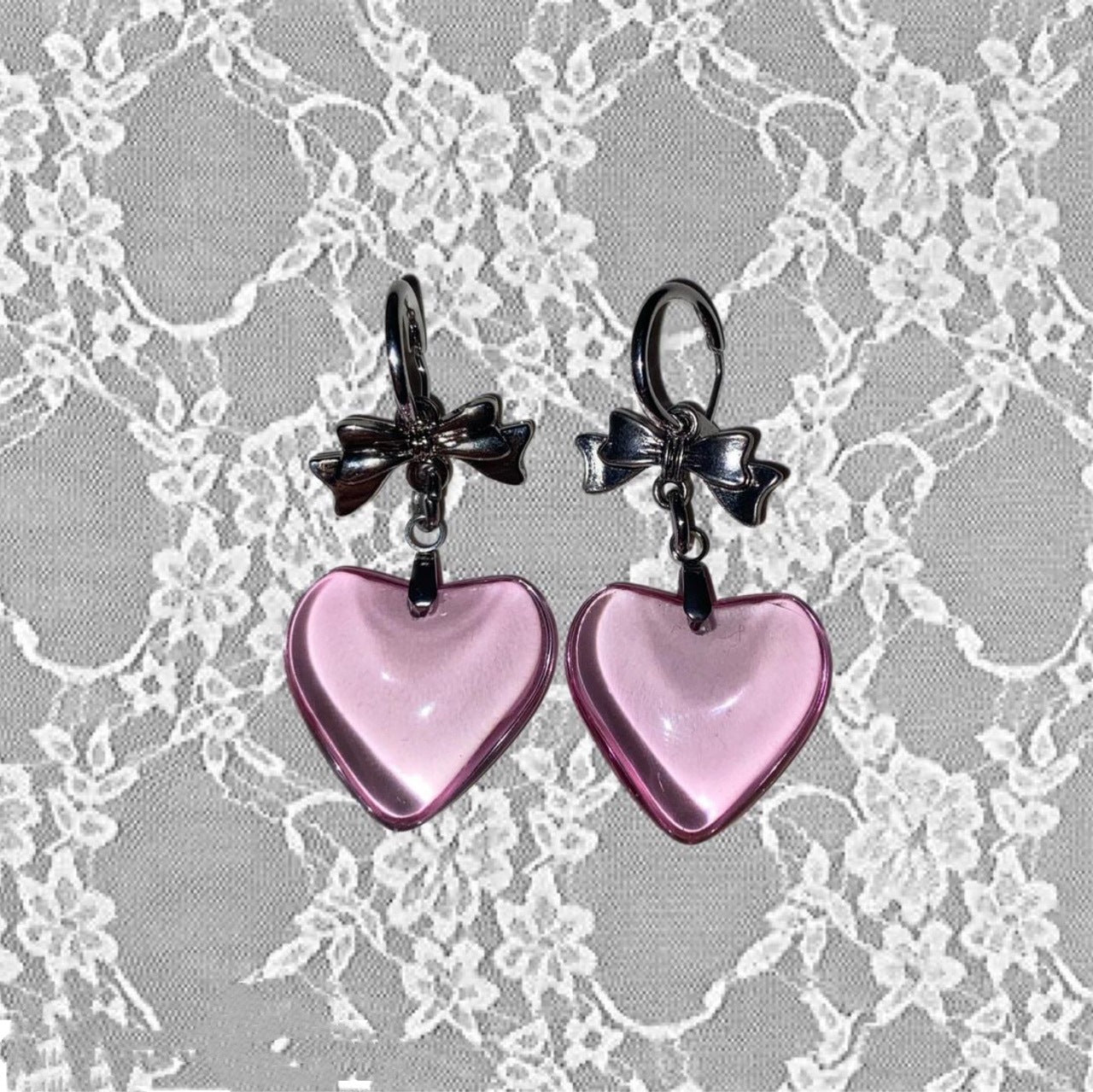 Dark Bow Love Heart Earrings Female Net Red Style-Jewearrings