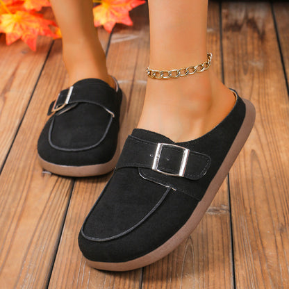 Suede Buckle Round Toe Loafers-Jewearrings