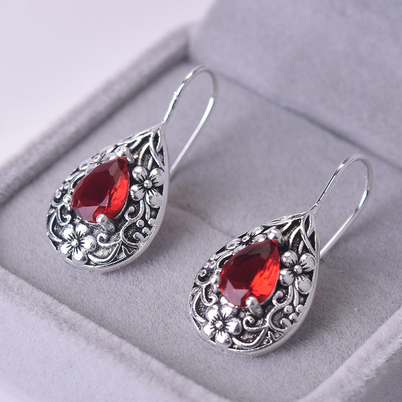 Water Drop Pear Shaped Vintage Earrings Silver Carved Ruby-Jewearrings