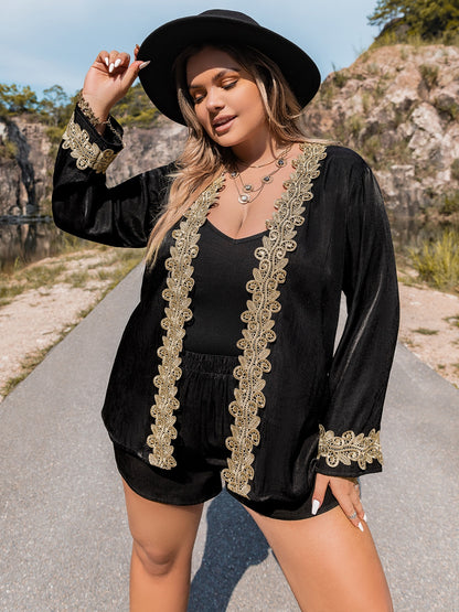 Plus Size Contrast Long Sleeve Top and Shorts Set-Jewearrings