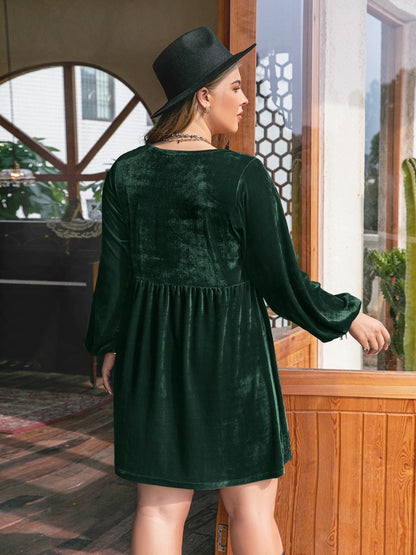 Plus Size Lace Detail V-Neck Balloon Sleeve Mini Dress-Jewearrings