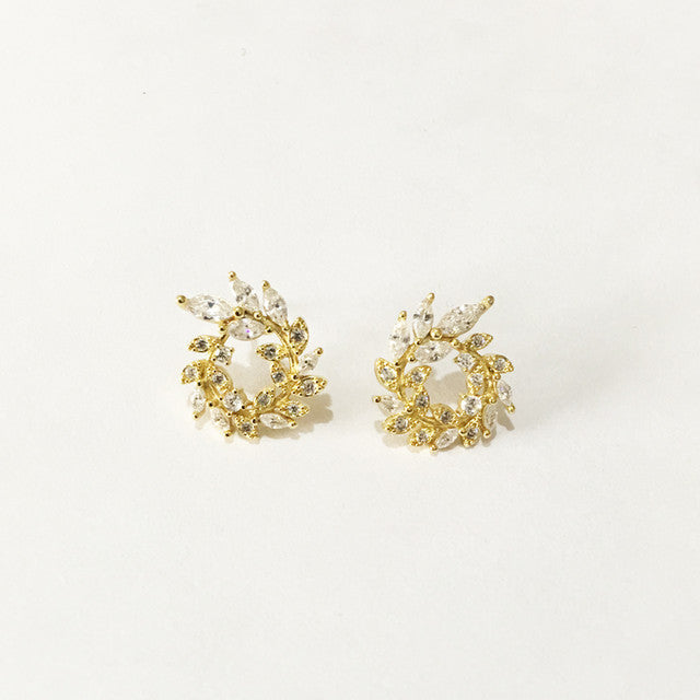 Korean Popular Trendy Leaves Garland Zircon Stud Earrings Simple Artistic-Jewearrings