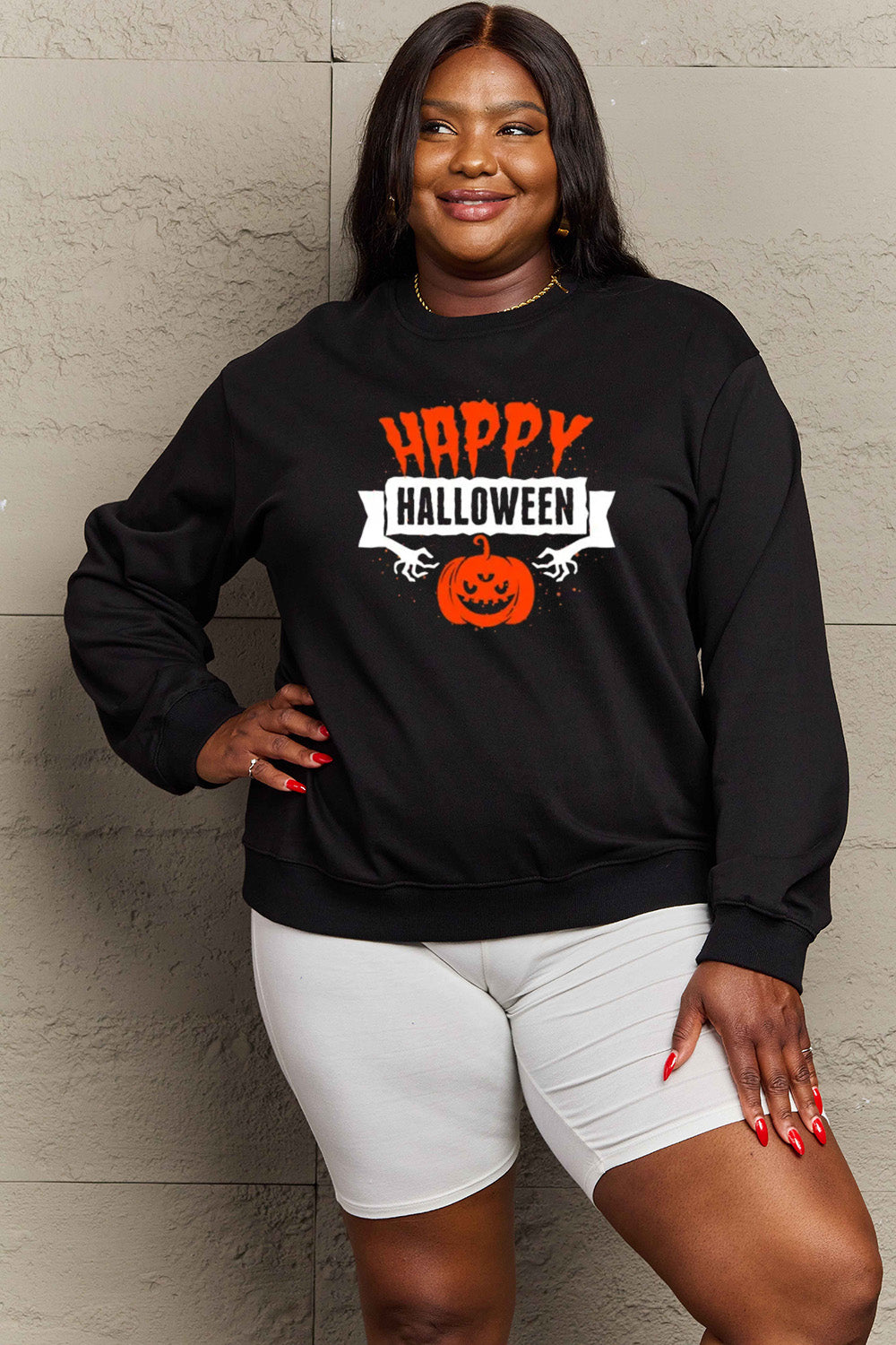 Simply Love Full Size HAPPY HALLOWEEN Graphic Sweatshirt-Jewearrings